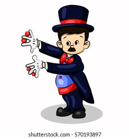 magician makes tricks with cards in costume