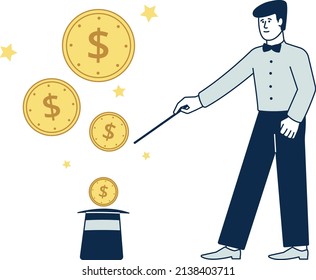 Magician Making Money. Golden Coins Appearing From Magic Hat