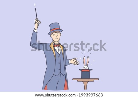 Magician making trick during work concept. Young smiling man magician wearing traditional costume standing with stick making magic trick with rabbit in hat vector illustration
