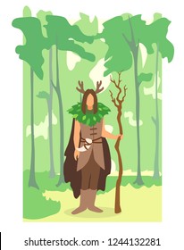 A magician male druid with horn, cape and wooden staff in a forest. Flat cartoon design style. Nature scenery backdrop. Myth sorcerer person. Abstract simple stylized vector illustration drawing.