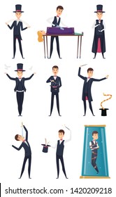 Magician. Male performer showmen in black costume and white gloves magic tricks vector cartoon characters. Magic performer, performance entertainment, illusionist and wizard illustration