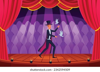 Magician with man character and bird show