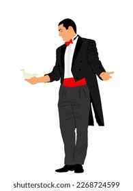 Magician man performing trick with pigeon dove vector illustration isolated. Magic performer illusionist. Live bird It disappears and rises.  Cabaret show circus entertainment performance animal skill