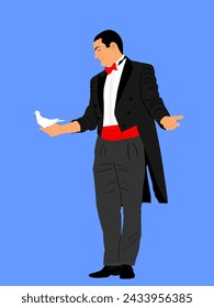 Magician man performing trick with pigeon dove vector illustration isolated. Magic performer illusionist. Live bird It disappears and rises.  Cabaret show circus entertainment performance animal skill