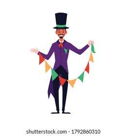 Magician man in purple costume and top hat holding colorful flag garland for magic trick - happy cartoon character preforming and smiling, isolated flat vector illustration