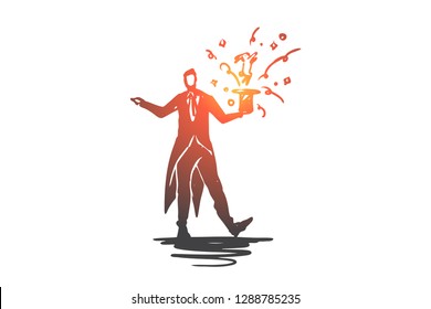 Magician, man, trick, hat, show concept. Hand drawn wizard doing a trick concept sketch. Isolated vector illustration.