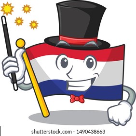 Magician netherlands flag above wooden cartoon table