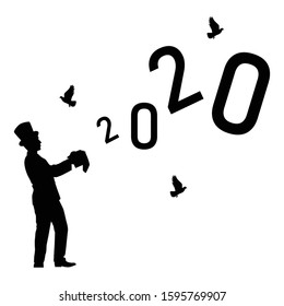 Magician with number 2020 in happy new year concept silhouette vector on white background