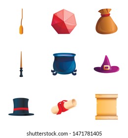 Magician object icon set. Cartoon set of 9 magician object vector icons for web design isolated on white background