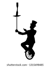 Magician on unicycle while juggling show silhouette vector