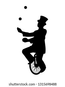 Magician on unicycle while juggling show silhouette vector