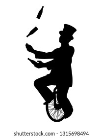 Magician on unicycle while juggling show silhouette vector