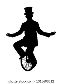 Magician on unicycle while juggling show silhouette vector