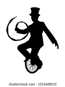 Magician on unicycle while juggling show silhouette vector