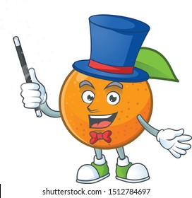 Magician orange fruit cartoon mascot on white background.