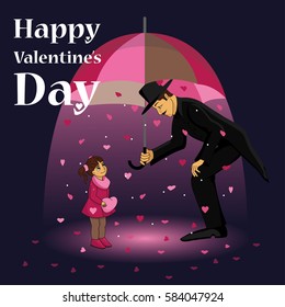 A magician, a parasol and a little girl - vector illustration. Valentine's day typography poster, card.