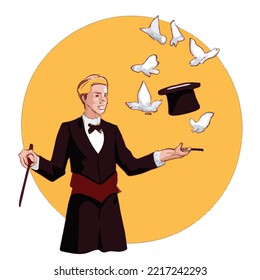 magician performing in cartoon drawing illustration