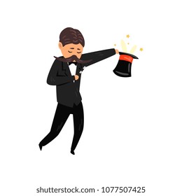 Magician performing focus with rabbit appearing from top magic hat. Cartoon man with mustache in black costume. Flat vector design