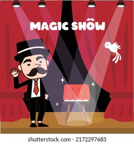 Magician is performing magic, The background is a red curtain stage.