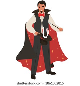 Magician performing magic show with rabbit in a hat. Icon isolated on white background. Vector illustration. Illusionist in magician costume.