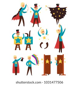 Magician performing a magic show set of vector Illustrations isolated on a white background