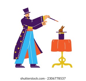 Magician interpretando trucos mágicos con conejo en sombrero, ilustración plana vectorial de dibujos animados aislados en fondo blanco. Hombre disfrazado actuando en una fiesta de cumpleaños de circo o niño.