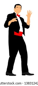 Magician performing trick with balls, cards vector illustration isolated on white. Magic performer illusionist, disappears and rises. Show artist. Cabaret or circus entertainment performance. Animator