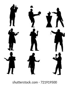 Magician performing trick with cards, pigeon, rabbit, balls vector silhouette illustration isolated on white. Magic performer illusionist,disappears and rises. Group of illusionist and artist.