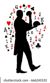 Magician performing trick with cards vector silhouette illustration isolated on white. Magic performer illusionist.  Cabaret show or circus entertainment performance. Kids animator on birthday party.