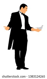 Magician performing trick with pigeon or dove, vector illustration isolated. Magic performer illusionist. Live bird It disappears and rises.  Cabaret show or circus entertainment performance.