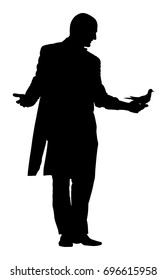 Magician performing trick with pigeon or dove, vector silhouette illustration isolated. Magic performer illusionist. Live bird disappears and rises.  Cabaret show or circus entertainment performance.