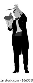 Magician performing trick with rabbit, vector illustration isolated on white. Magic performer illusionist. Live rabbit disappears and rises.  Cabaret show or circus entertainment performance.