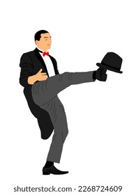 Magician performing trick with top hat vector illustration isolated on white. Magic performer illusionist, disappears and rises. Cylinder artist.  Cabaret show or circus entertainment performance.