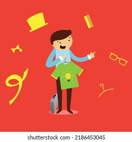 magician performs on the red stage