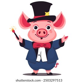 Magician Pig, Whimsical and Enchanting Design - Flat Vector Illustration