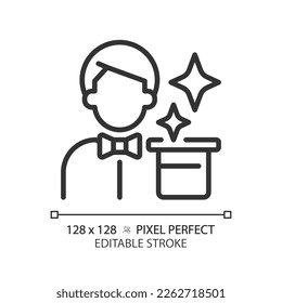 Magician pixel perfect linear icon. Character archetype. Psychoanalytic theory. Wise personality. Manipulation skill. Thin line illustration. Contour symbol. Vector outline drawing. Editable stroke