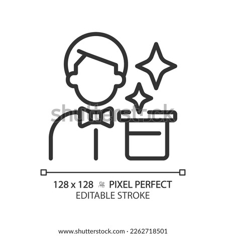 Magician pixel perfect linear icon. Character archetype. Psychoanalytic theory. Wise personality. Manipulation skill. Thin line illustration. Contour symbol. Vector outline drawing. Editable stroke