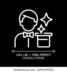 Magician pixel perfect white linear icon for dark theme. Character archetype. Psychoanalytic theory. Manipulation skill. Thin line illustration. Isolated symbol for night mode. Editable stroke