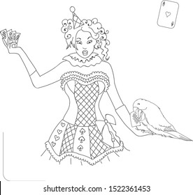 Magician with playing cards. Circus holds a parrot in his hand. Surprised girl performs magic tricks. Bright performance. Contour illustration. Vector.