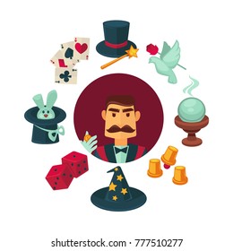 Magician portrait inside circle surrounded with equipment for tricks
