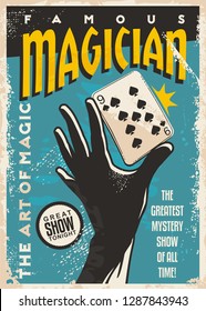 Magician Poster Design With Hand Silhouette And Plating Cards. Magic Tricks Show Retro Flyer Template On Blue Background. Vector Vintage Illustration.