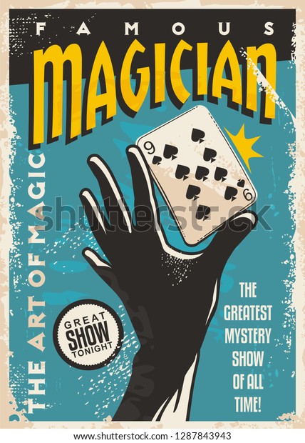 Magician poster design with hand silhouette\
and plating cards. Magic tricks show retro flyer template on blue\
background. Vector vintage\
illustration.