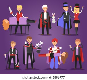 Magician prestidigitator illusionist character tricks juggler vector illustration magic conjurer show cartoon man