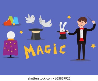 Magician prestidigitator illusionist character tricks juggler vector illustration magic conjurer show cartoon man