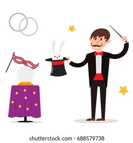 Magician prestidigitator illusionist character tricks juggler vector illustration magic conjurer show cartoon man