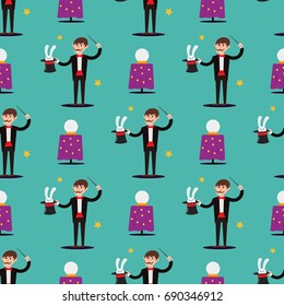 Magician prestidigitator illusionist character tricks seamless pattern vector illustration magic conjurer show cartoon man