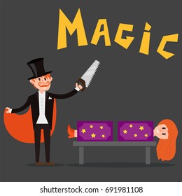 Magician prestidigitator illusionist character tricks juggler vector illustration magic conjurer show cartoon man