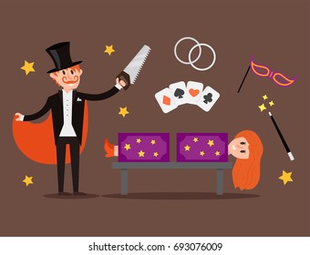 Magician prestidigitator illusionist character tricks juggler vector illustration magic conjurer show cartoon man