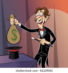 Magician pulling bag of money from hat