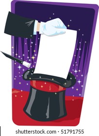 Magician pulling out flyer from hat.